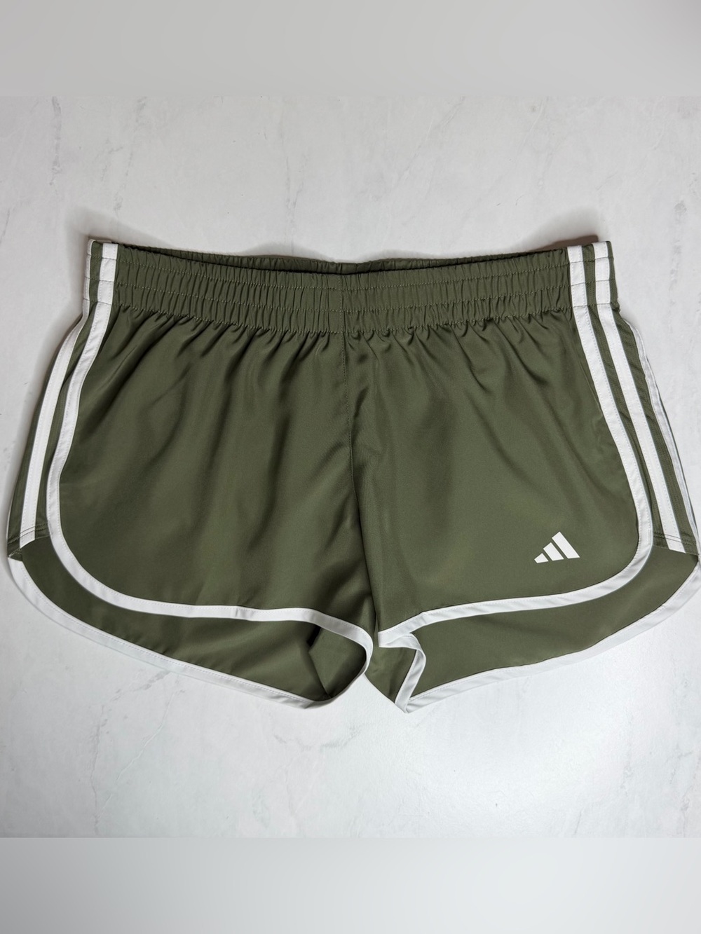 adidas Women’s Olive Green Running Carrera Shorts 3 Stripes 3” Inseam Medium